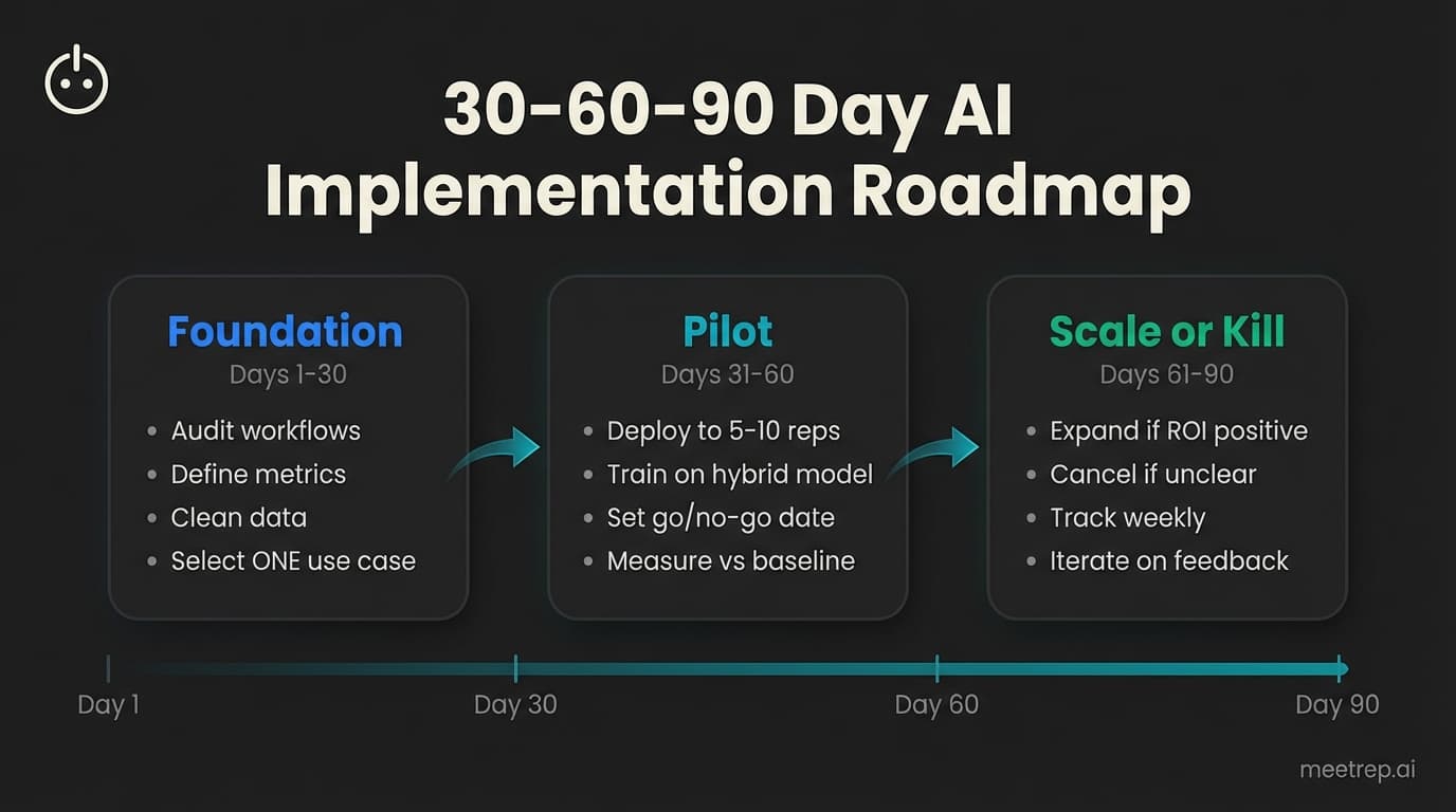 30-60-90 day AI sales automation implementation roadmap showing foundation phase days 1-30, pilot phase days 31-60, and scale or kill decision phase days 61-90