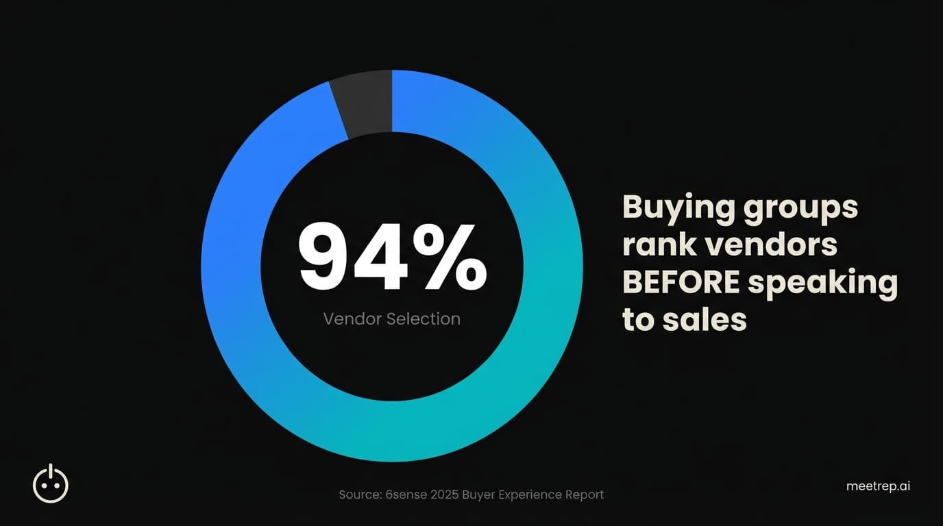 Donut chart showing 94% of B2B buying groups rank vendors before speaking to sales (The Silent Shortlist).